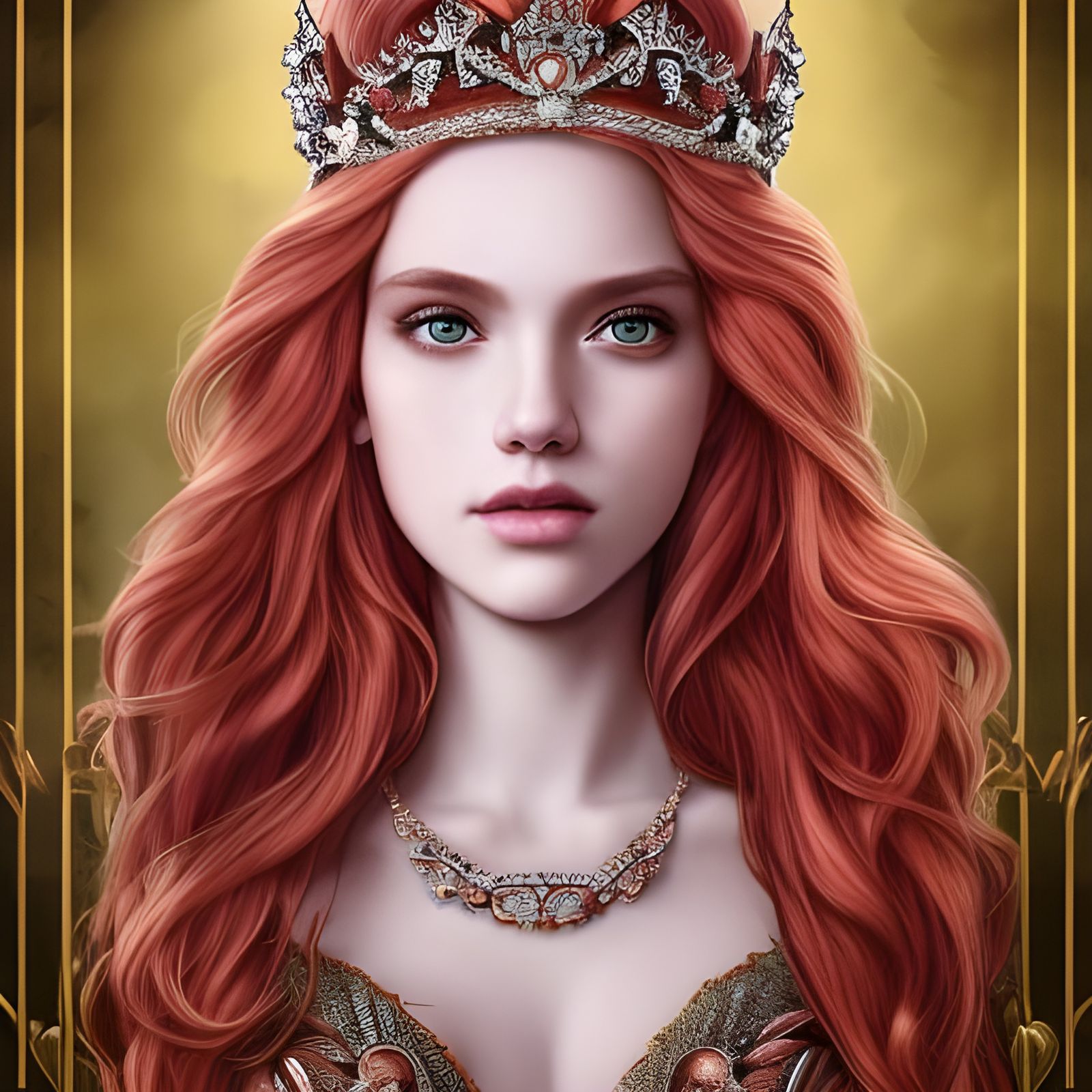 Elegant Red-Haired Queen with Tiara in Art Nouveau Style