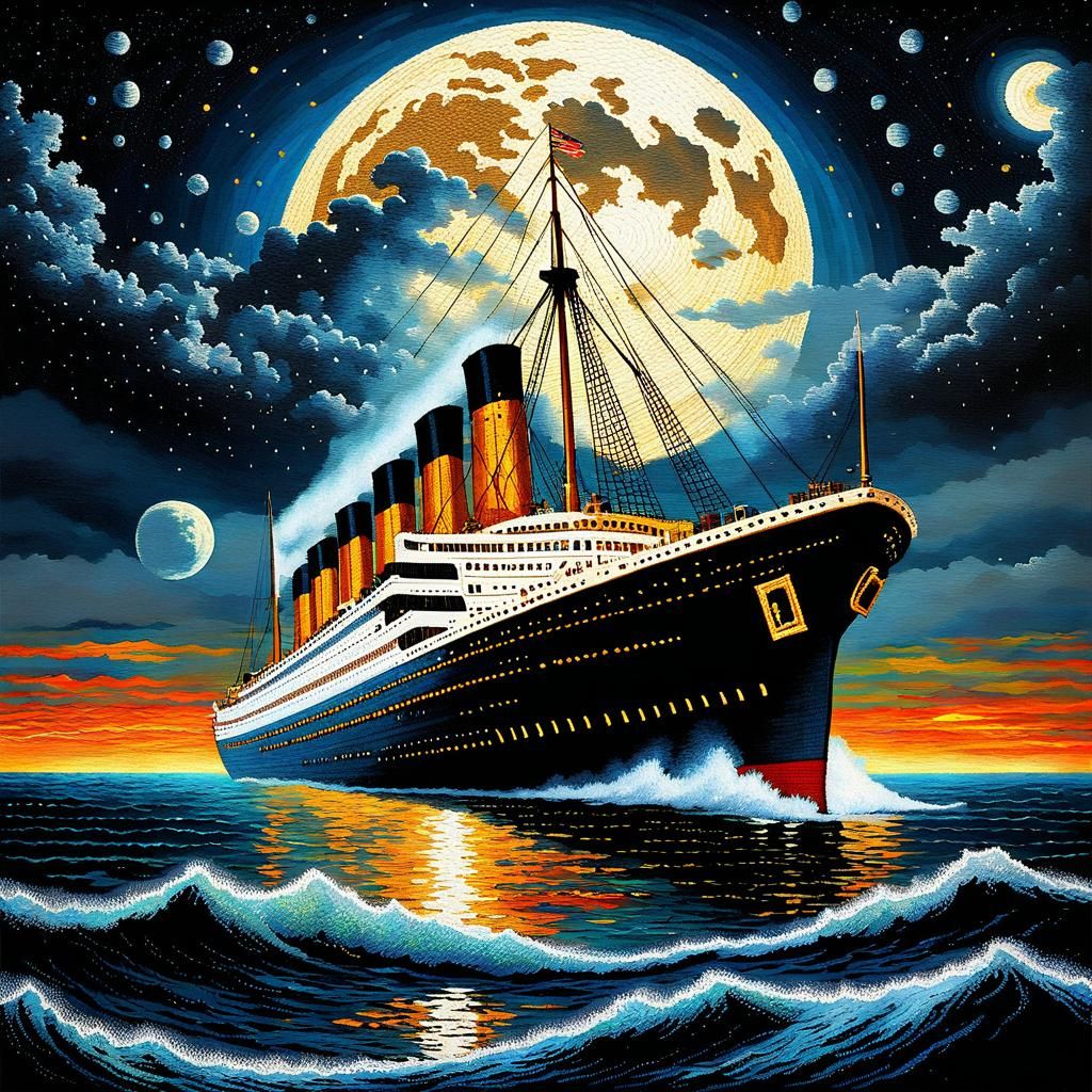 Steampunk Titanic Sinking Embroidery in Pointillism Style