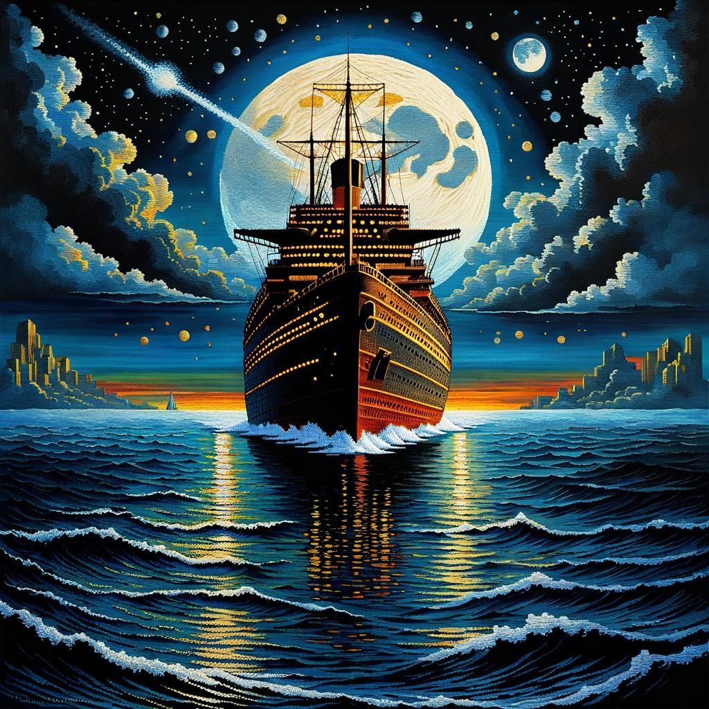 Steampunk Titanic Sinking: Pointillist Embroidery