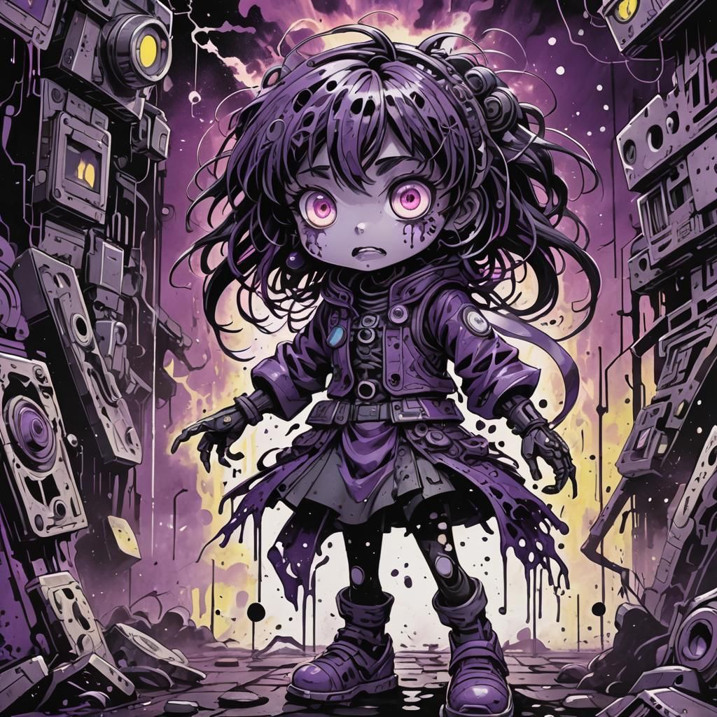 Eldritch Monster Battle with Cyborg Girl in Anime Style