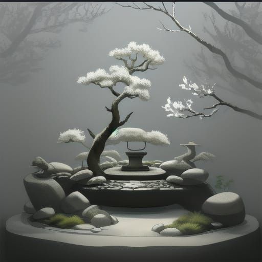 Minimalist Zen Garden with Bonsai Tree in Japanese Style