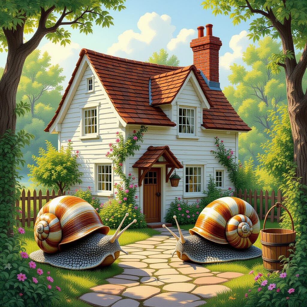 Giant Snails Cozy Cottage, Whimsical Art Style