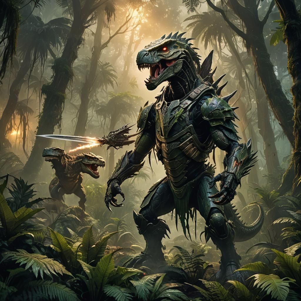 Predator Alien Battles T-Rex in Primeval Jungle