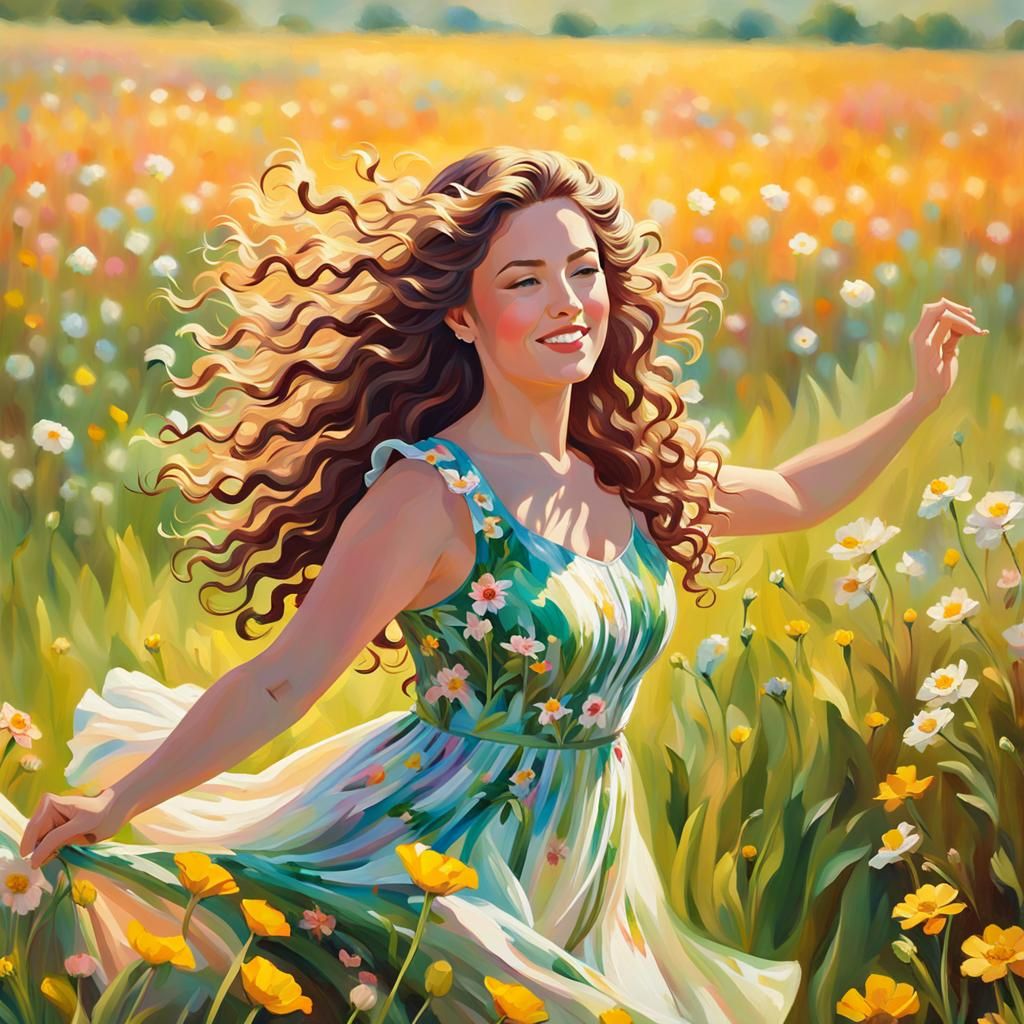 Woman Dancing in Flower Field: Impressionist Oil Painting
