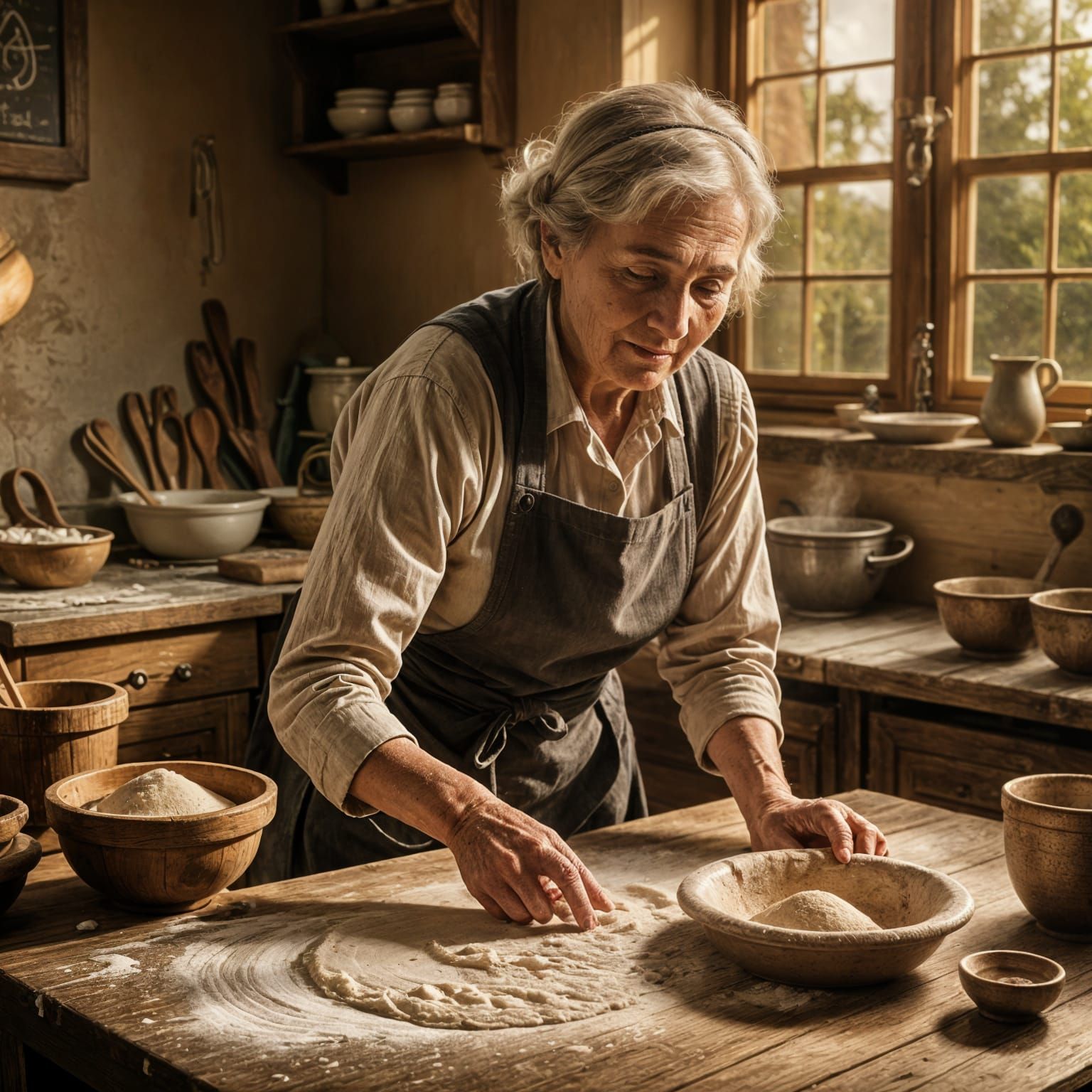 Elderly Hands Kneading Dough on Rustic Wooden Table