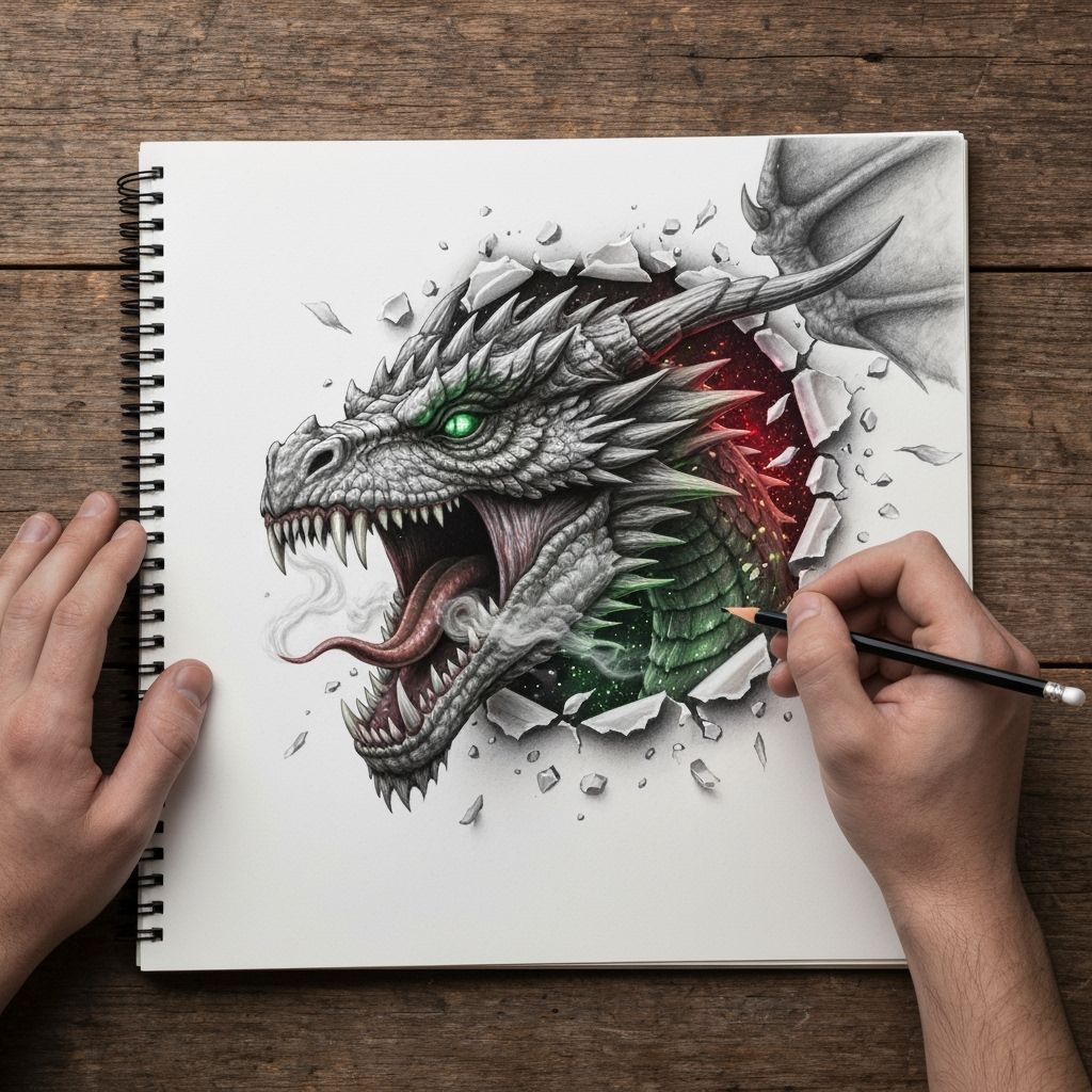 Dragon Escapes Sketchbook in Hyperrealistic Graphite Art