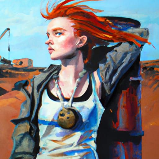 Cyberpunk Girl on Rusted Tank: Hyperreal Oil Painting