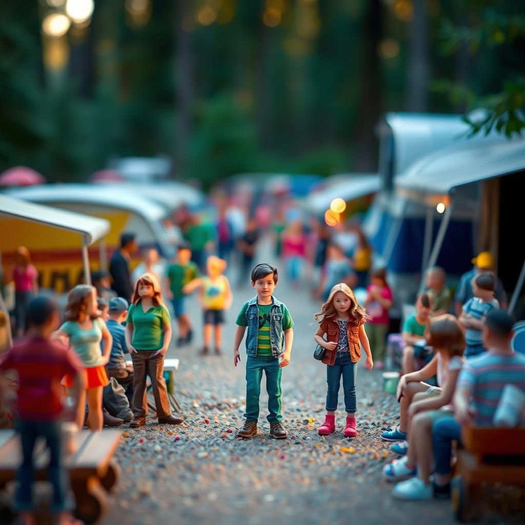 Miniature Campground World in Golden Hour, Tilt-Shift Photog...