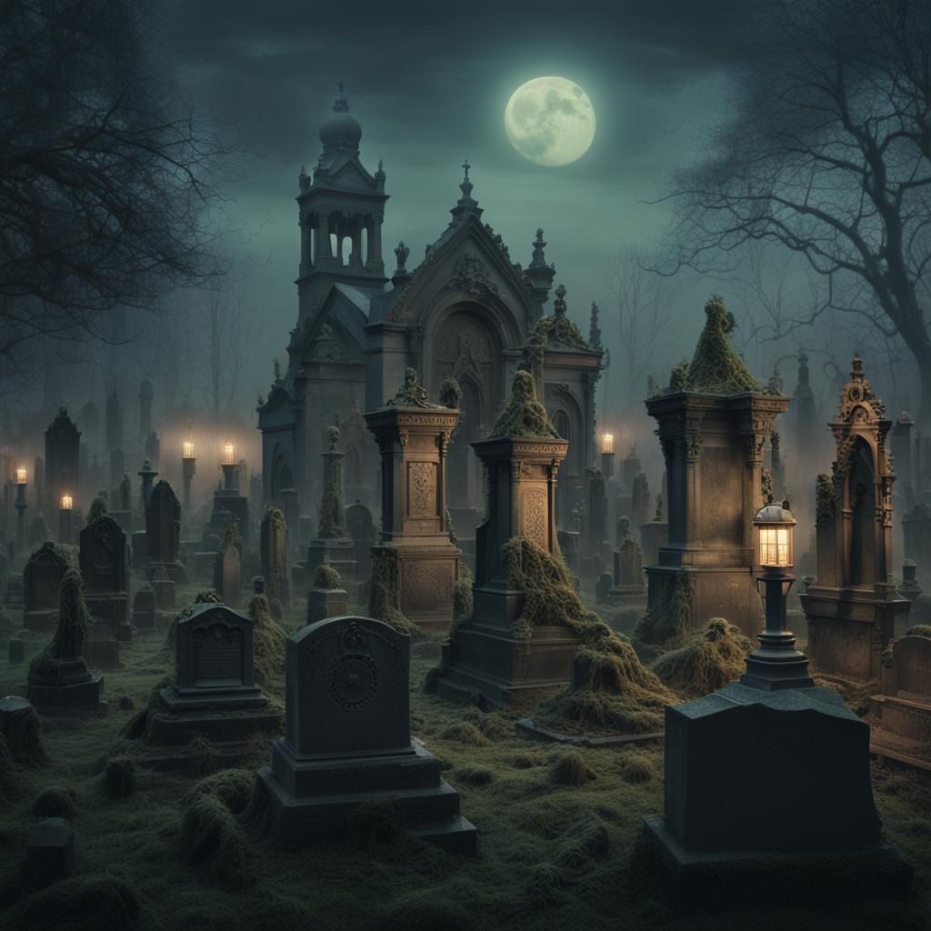 Steampunk Cemetery with Moonlit Fog and Intricate Details