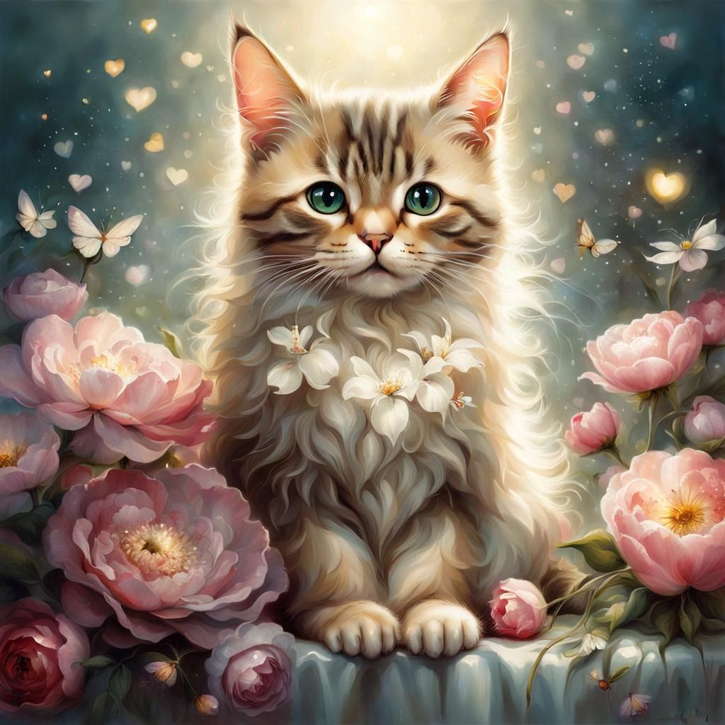 Eerie Cat Surrounded by Flowers in Digital Art