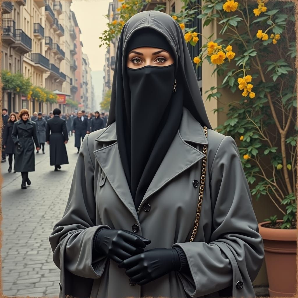 Niqabi Woman in Cozy City, as Vintage Gouache