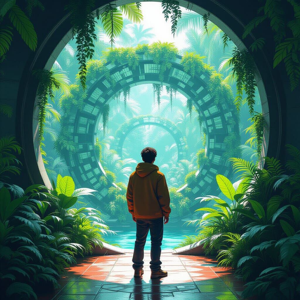 Person in Lush Environment with Intricate Details
