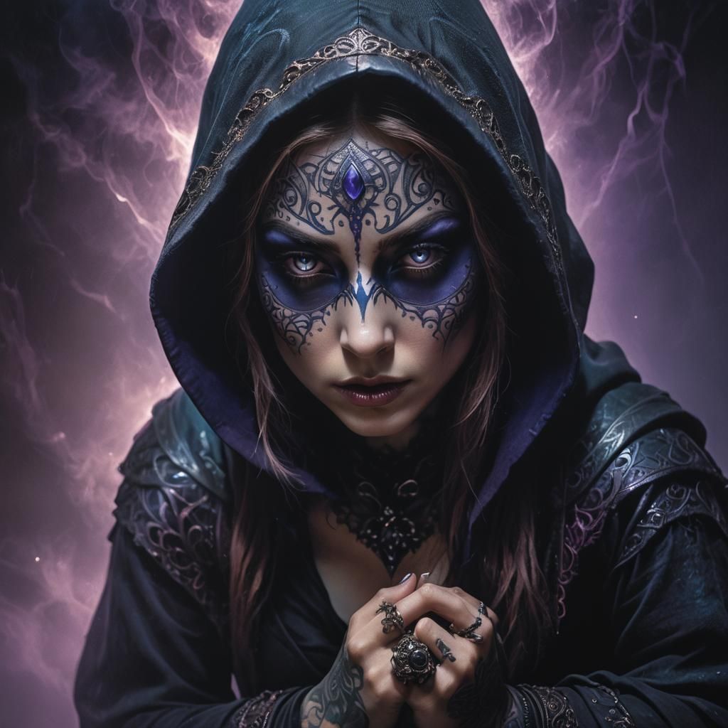 Dark Fantasy Woman with Glowing Eyes as Oil Painting