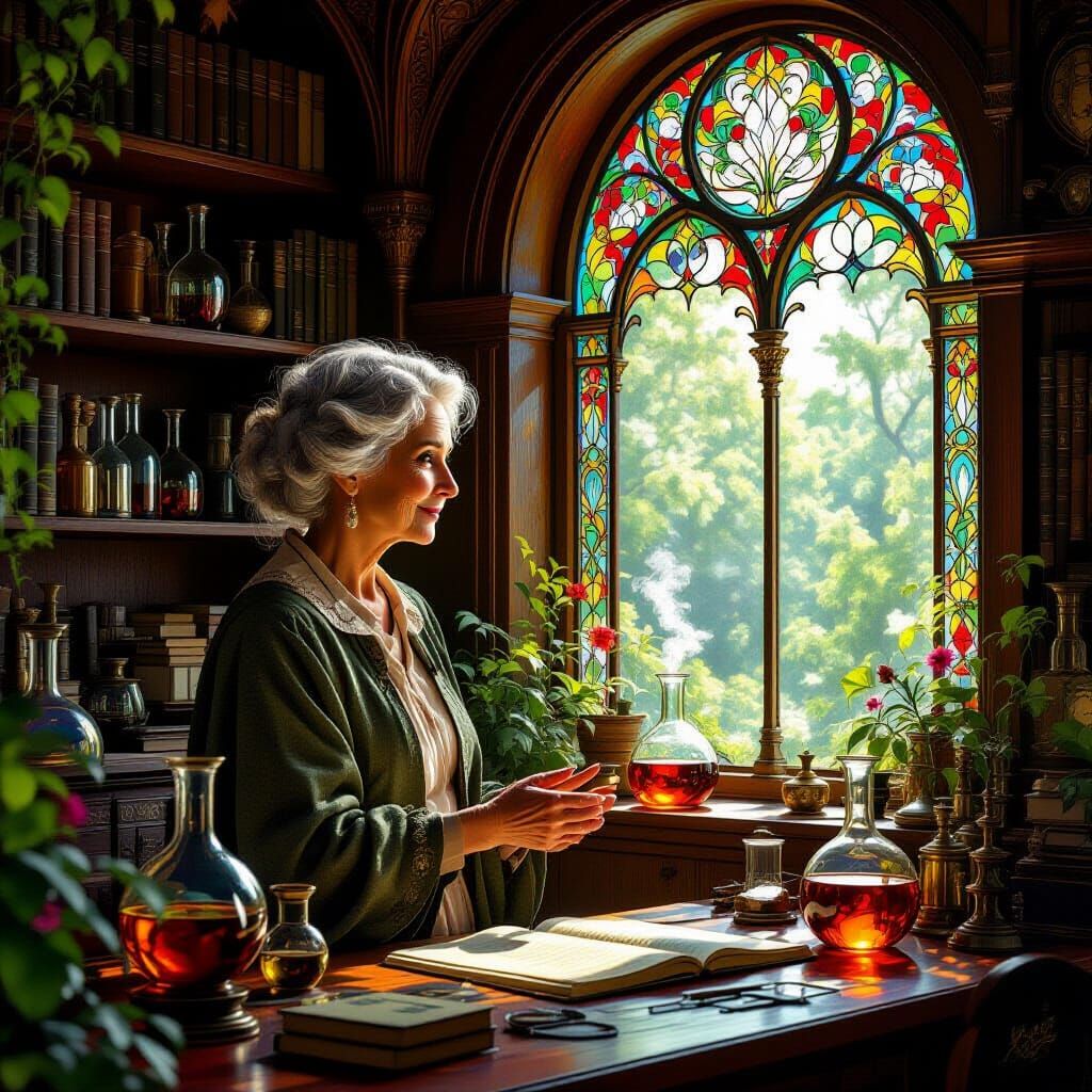 Wise Scientist in Cozy Study with Artifacts and Sunlight