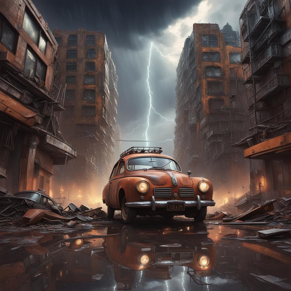 Cyberpunk Saab 96 in Sci-Fi City