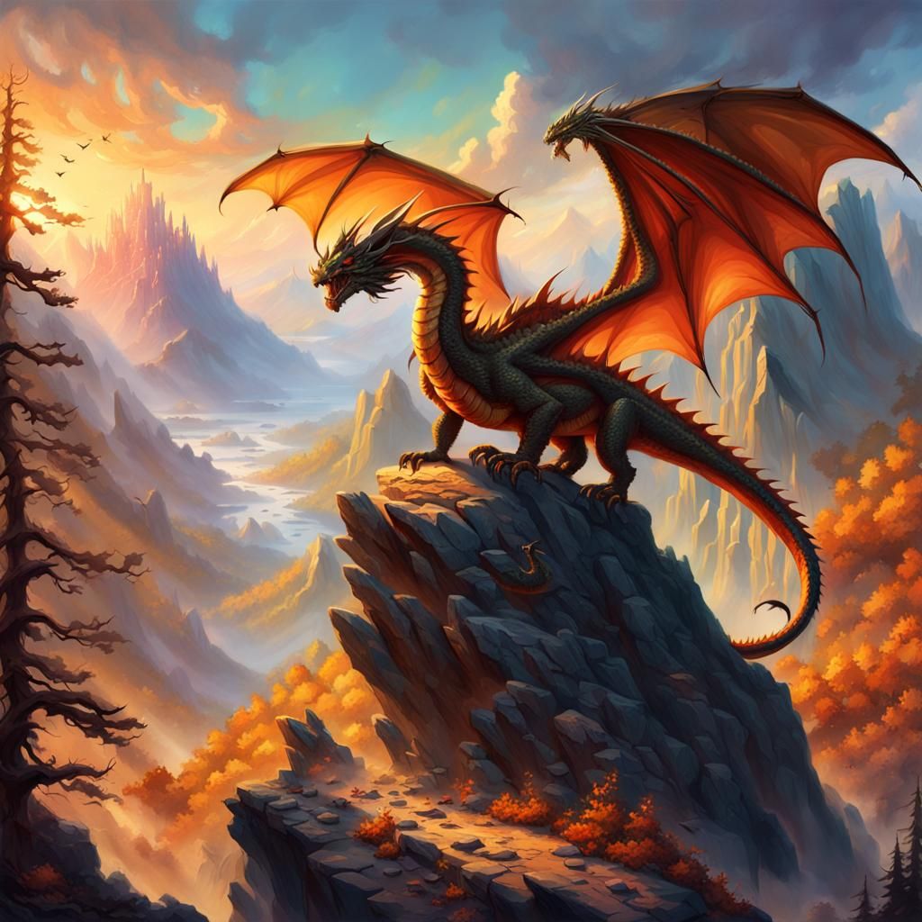 Majestic Dragon on Rocky Peak in Fantasy Art
