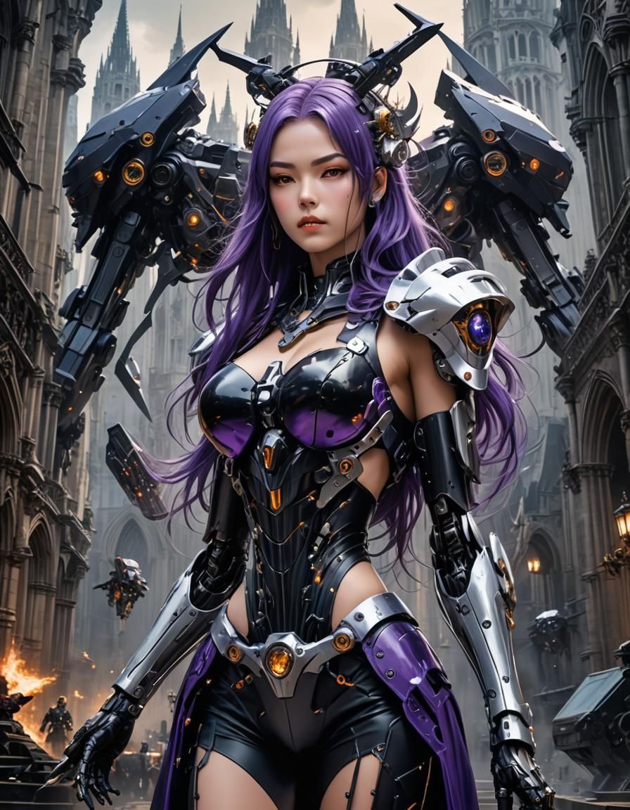 Cyborg Witch Casting Cyber-Spell on Cathedral Roof