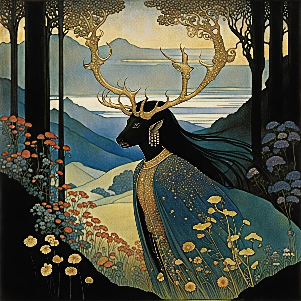 Black-armored Woman With Antlers in Alpine Meadow at Sunset
