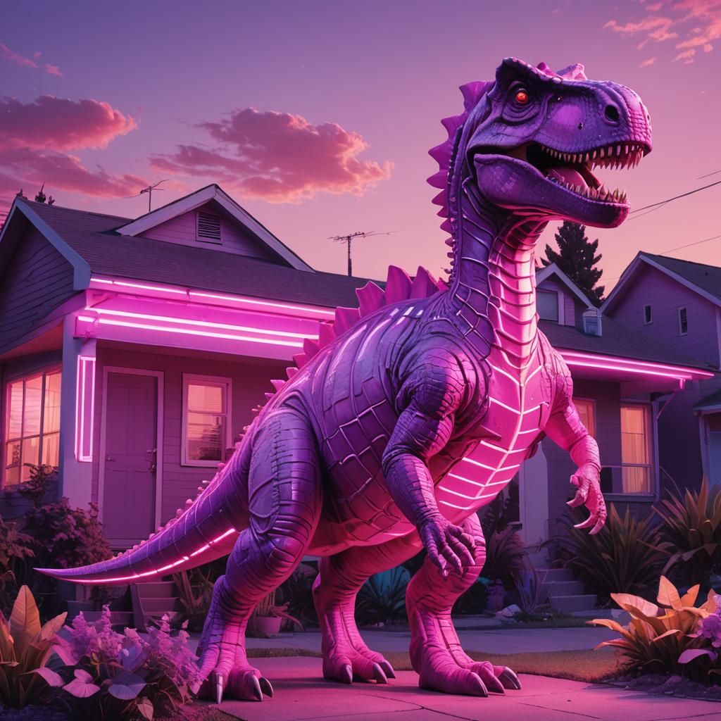 Dinosaur in Retro Synthwave Scene with Neon Lights