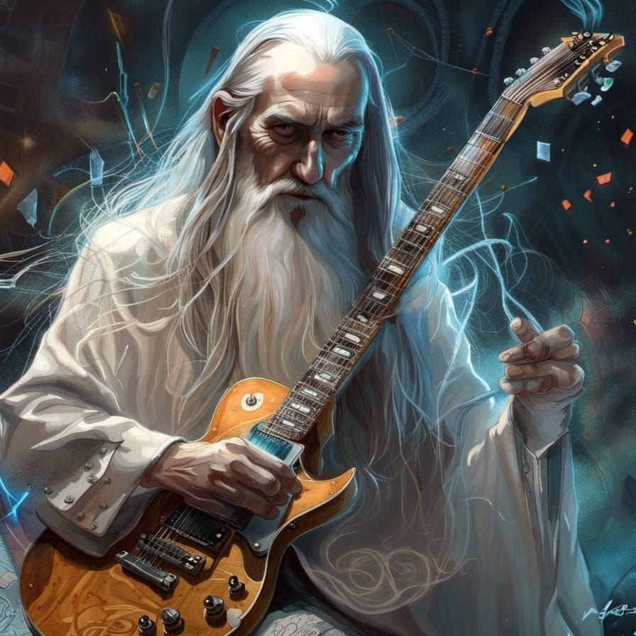 Saruman Plays Electric Guitar: Detailed Digital Art
