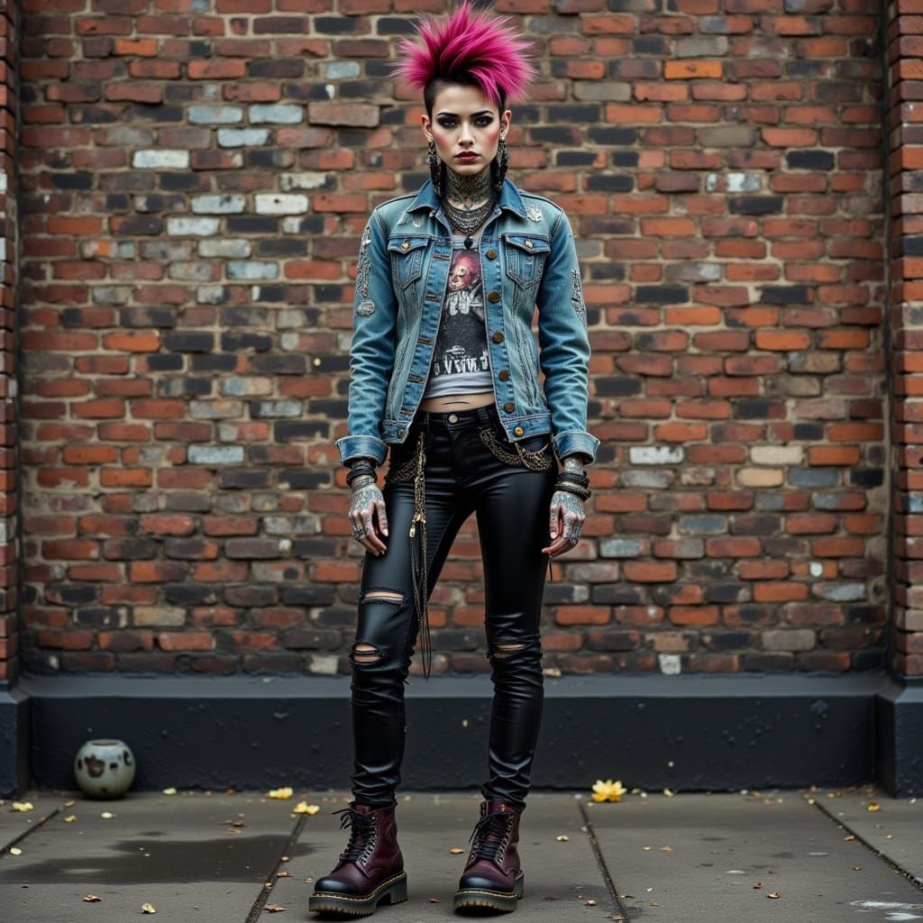 Aggressive Punk Girl with Spiky Mohawk in Leather Pants