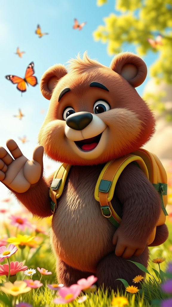 Benny the Bear Waving in Sunny Meadow, 3D Cartoon