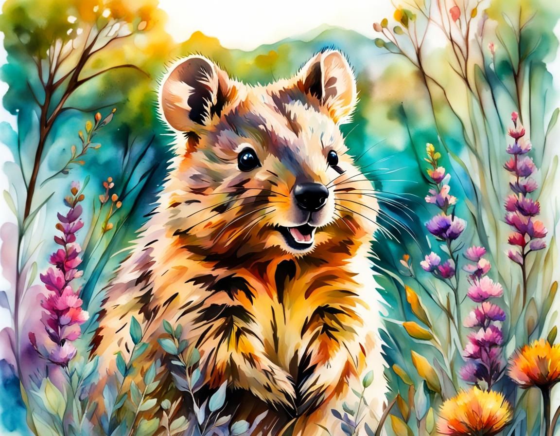 Smiling Quokka in Lush Meadow Landscape