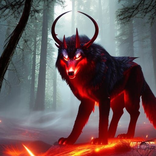 Hell Demon Wolf Portrait in Mystical Forest