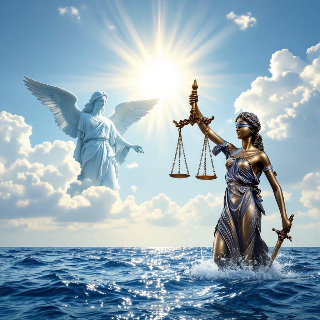 God and Justice Ascend Over Deep Blue Sea