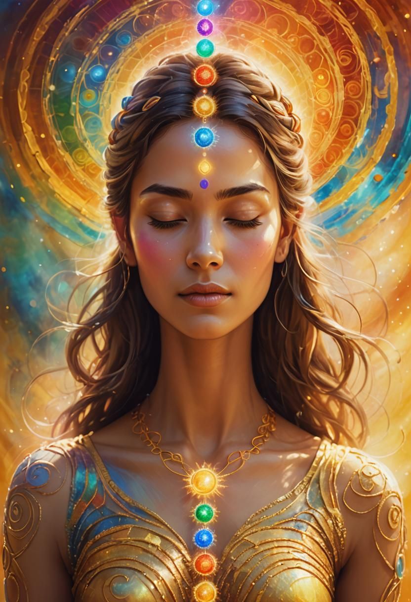 Serene Woman with Glowing Chakras: Spiritual Art