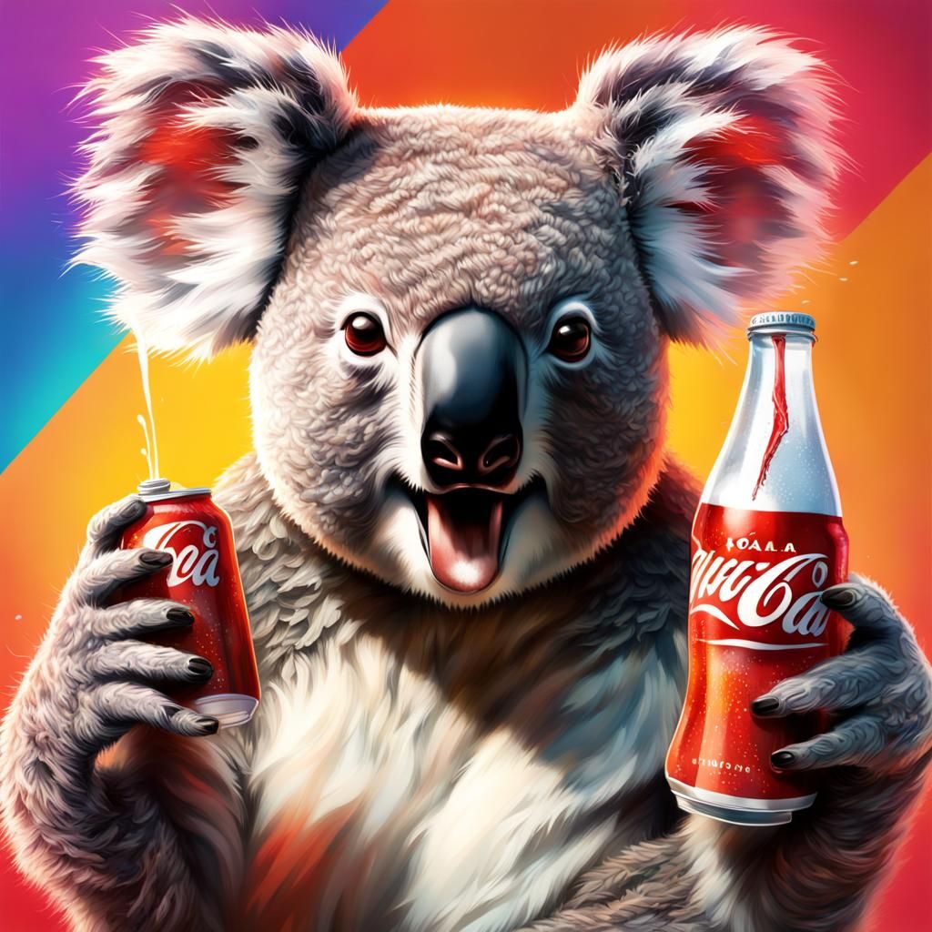 Angry Koala and Diet Soda in Hyperrealistic Splash Art