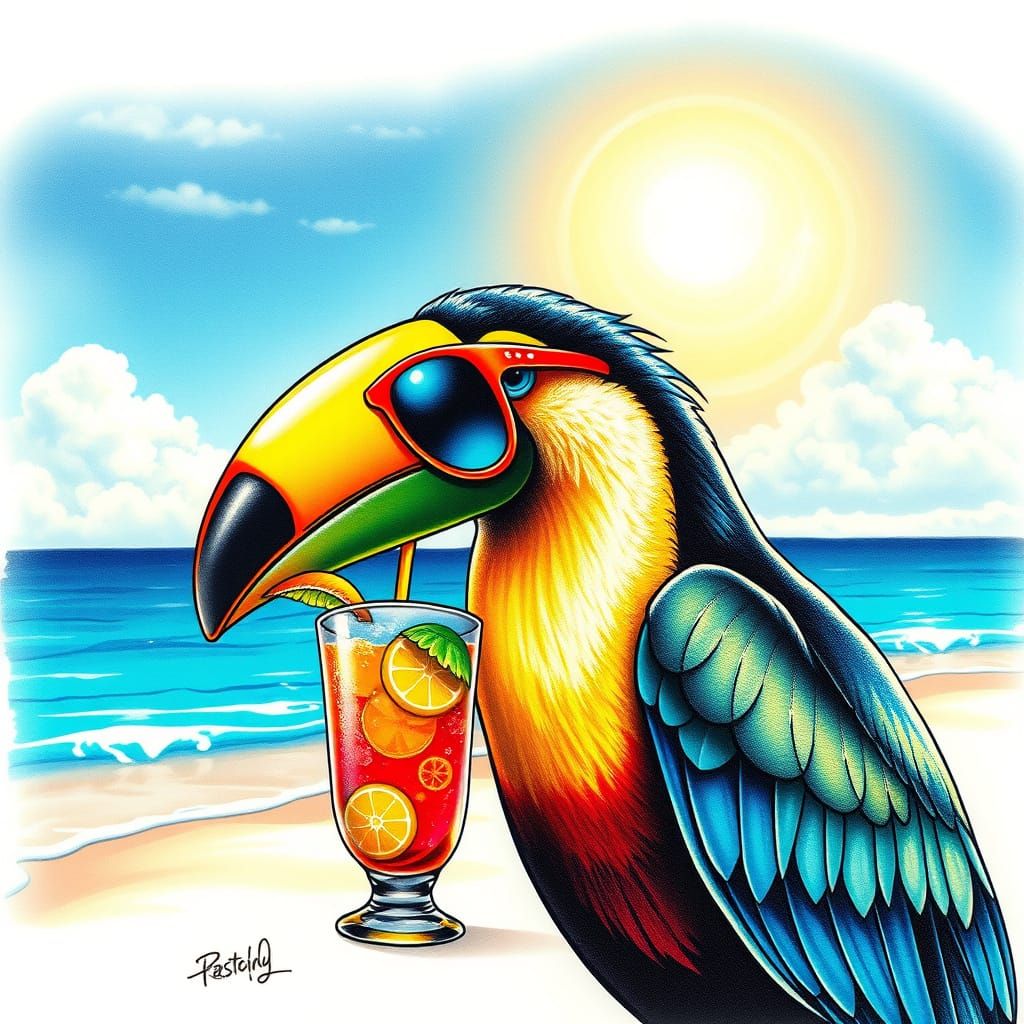 Tattooed Toucan Sipping Cocktail on Sunny Beach