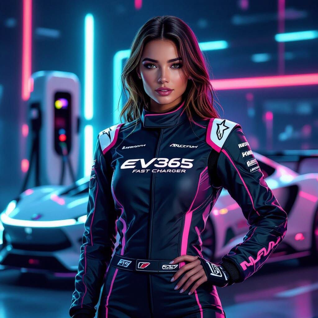 F1 Racing Girl with EV365 Logo, Futuristic Style