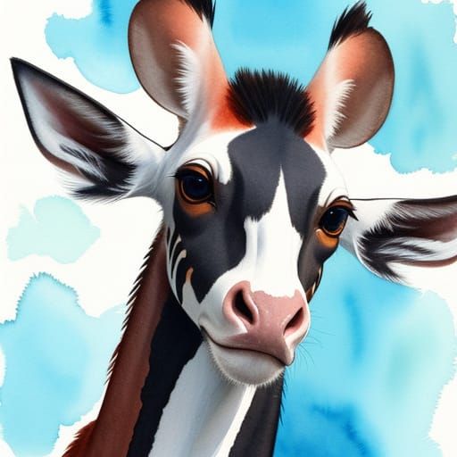 Vivid Watercolor Okapi Head in Splashy Art Style