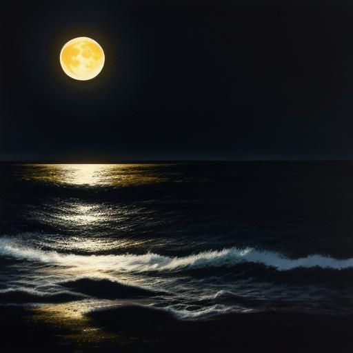 Night Beach with Yellow Moon, Gouache Painting