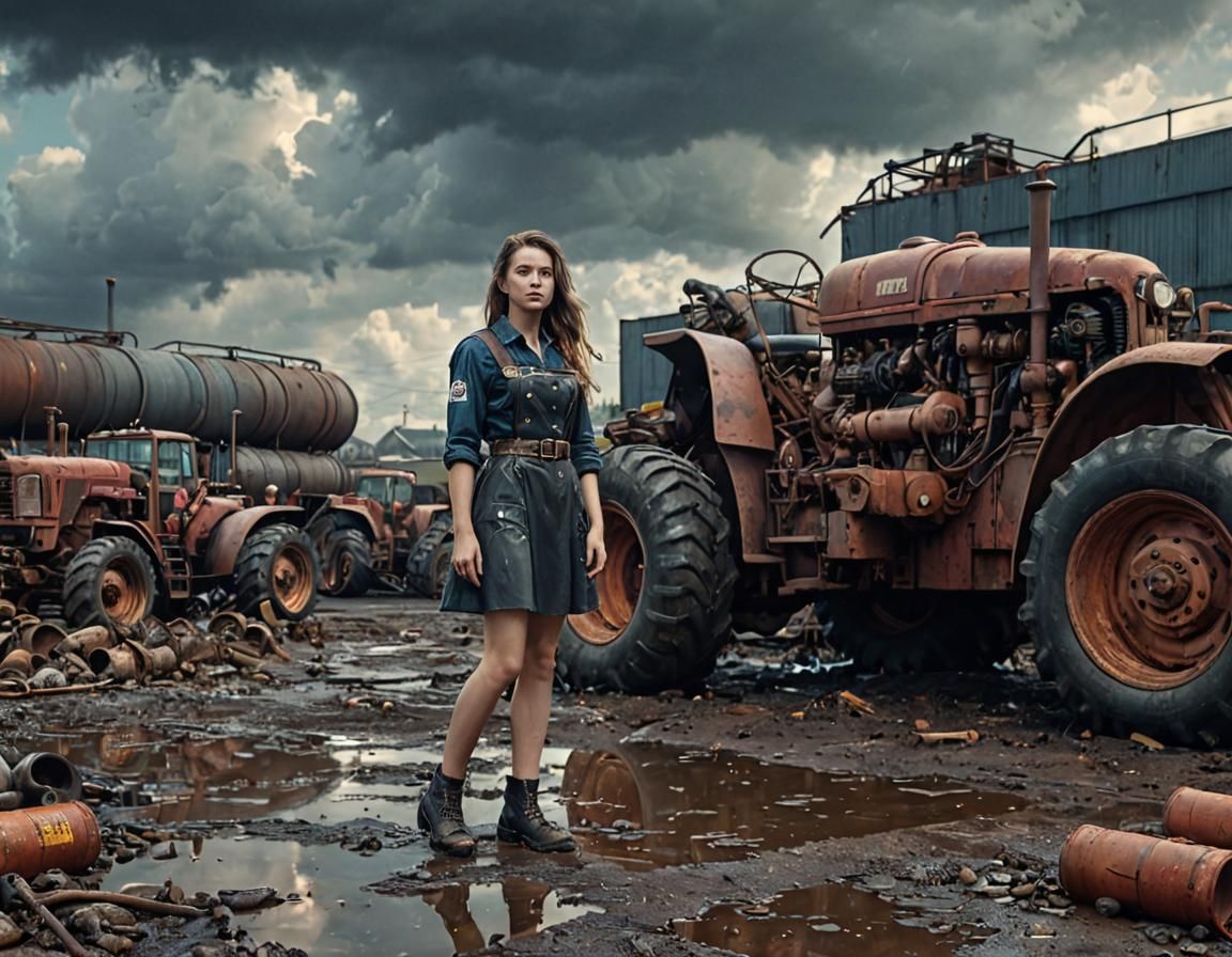 Dieselpunk Factory Girl with Tractor in Vivid Detail