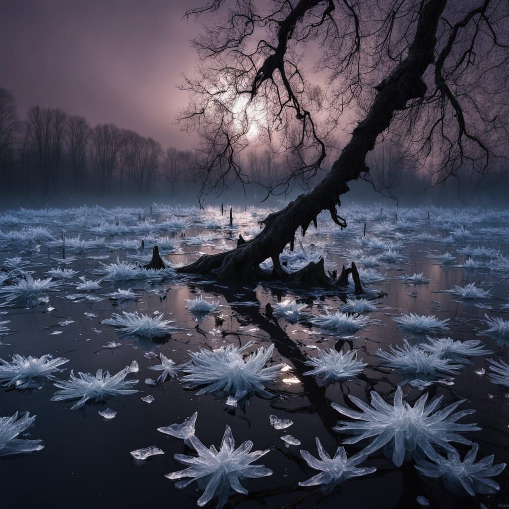 Ice Flowers Bloom on Frozen Dark Lake Under Moonlight