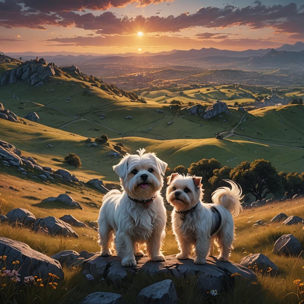 Maltese Dog in Mountain Meadow Sunset