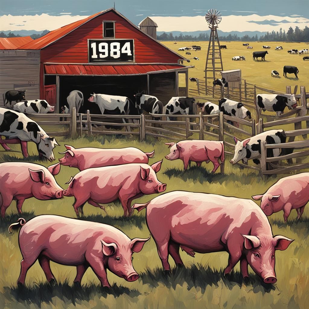 Sinister Farm Scene with Pigs, Cows, and Horses