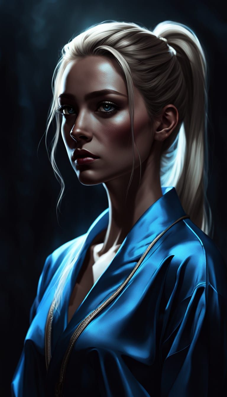 Ethereal Woman in Blue Satin Pajamas with Dramatic Lighting