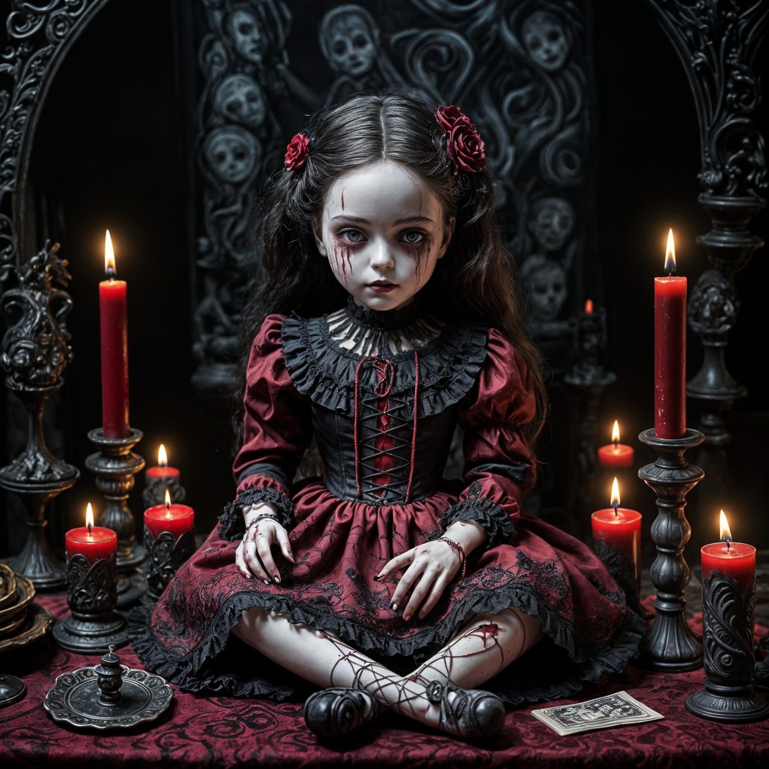 Haunted Doll on Altar in Gothic Oil Painting