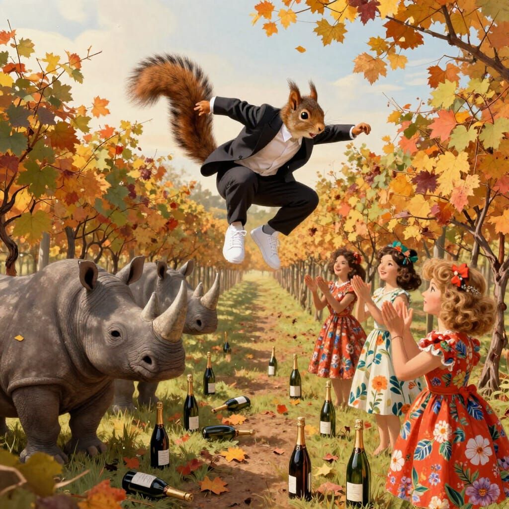 Squirrel Ninja Jumps in Vineyard with Rhinos Applauding