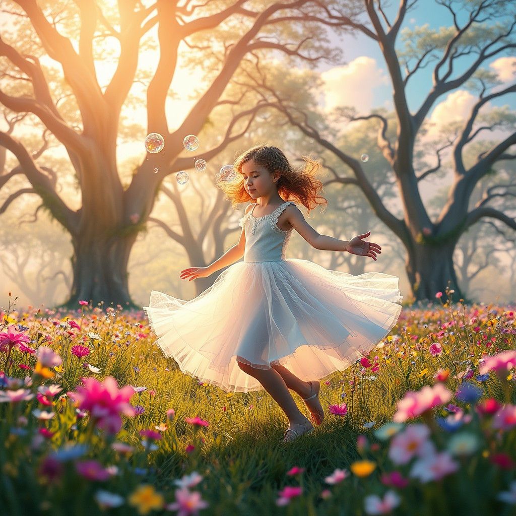 Whimsical Girl Dancing in Magical Meadow