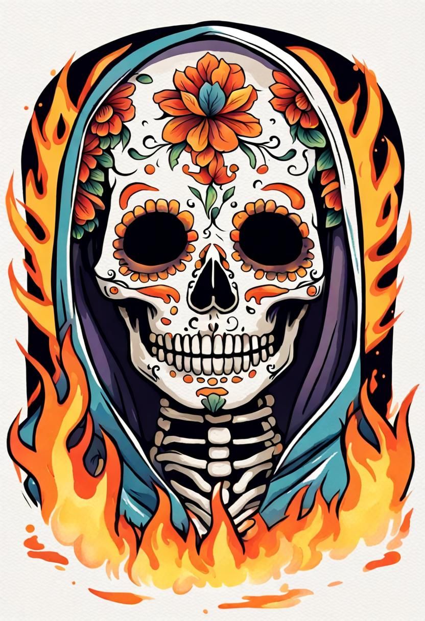 Mexican Skeleton Rider with Fiery Hair