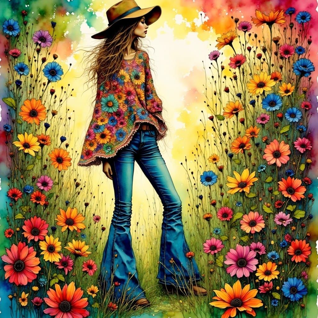 Psychedelic Hippie in Colorful Flower Power Patterns