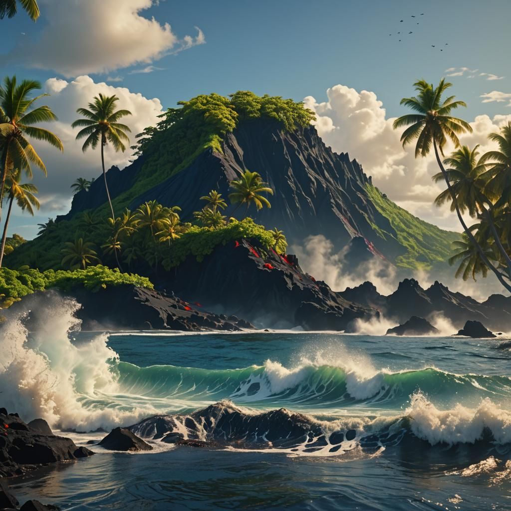 Volcanic Island Emerges from Ocean: Digital Art