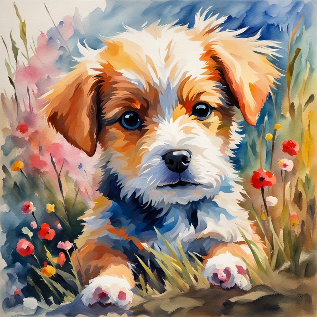 Baby Dog in Gouache Style Watercolor Painting