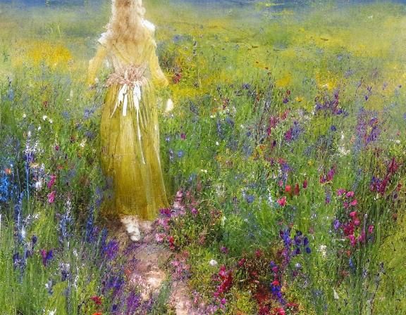 Girl in Blooming Flower Meadow: Watercolor Art