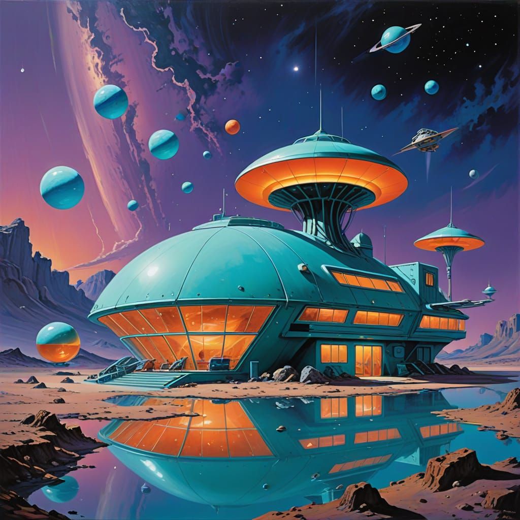 Opulent Alien Spaceport Motel in Surrealist Style