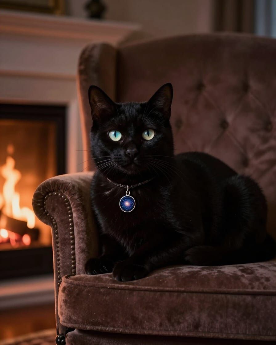 Black Cat with Cosmic Eyes on Armchair by Fireplace
